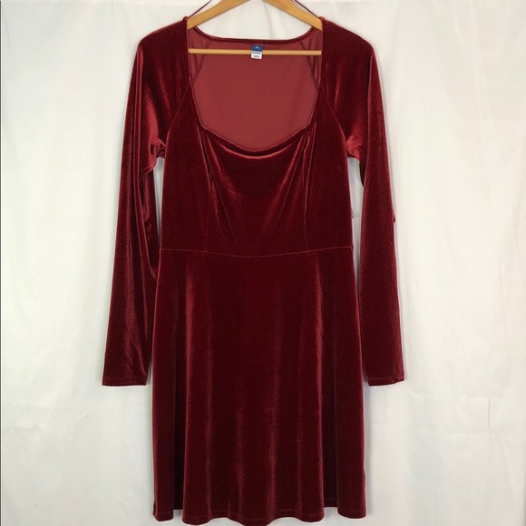 Old Navy Velvet Long Sleeve in Deep Red Fit & Flare Velvet Mini Dress Sz L Tall - Picture 4 of 9